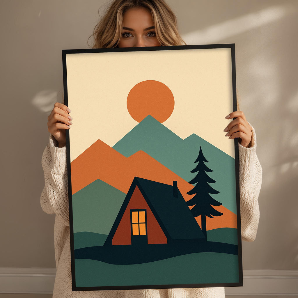 A woman is holding up a framed print of a mountain landscape with a cabin in the foreground.