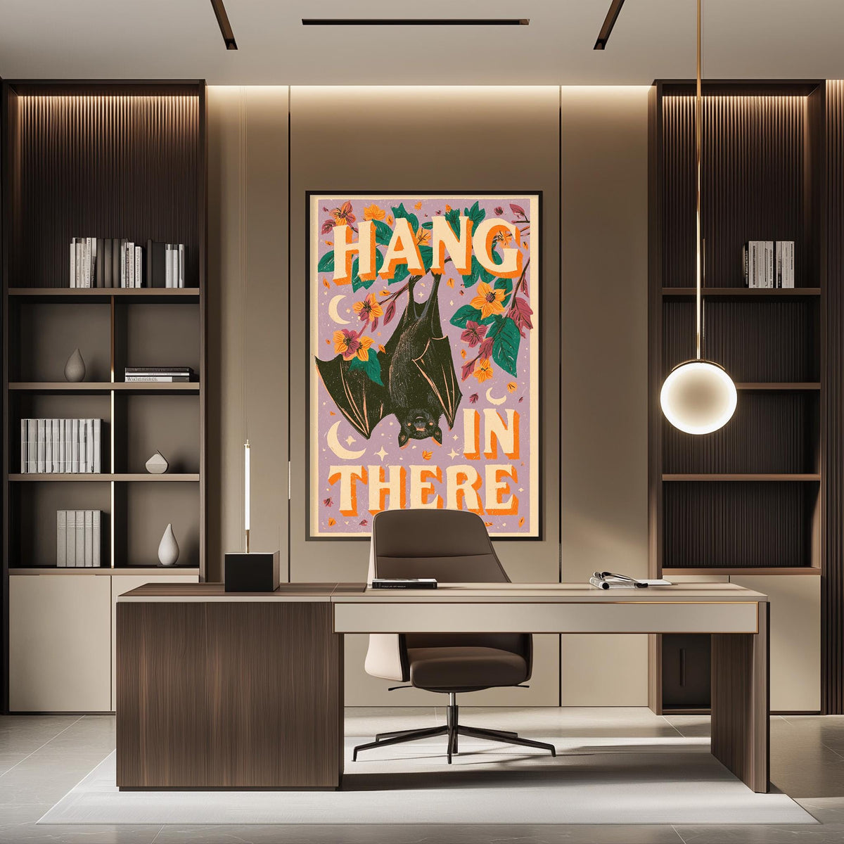 a modern office space with a large framed poster on the wall that says "HANG IN THERE". The office has a wooden desk, a chair, and a bookshelf. The overall design and decor of the space create a professional and stylish atmosphere.