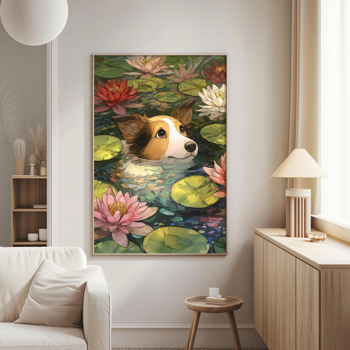 a large painting of a dog swimming in a pond filled with colorful lily pads.