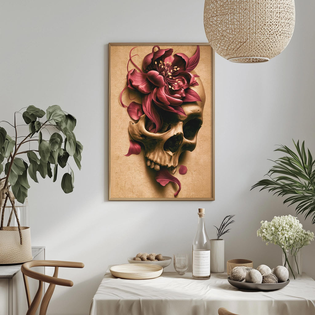 a framed artwork of a skull with a large red flower on its forehead, hanging on a wall above a dining table with various decorative items and plants.