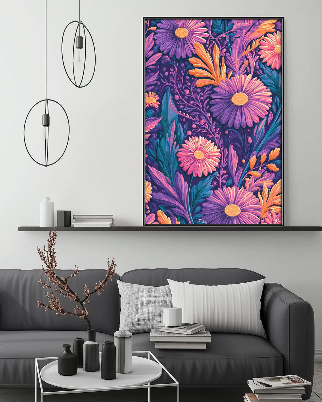 a modern living room with a gray sofa, a coffee table, and a large floral print hanging on the wall above the sofa.