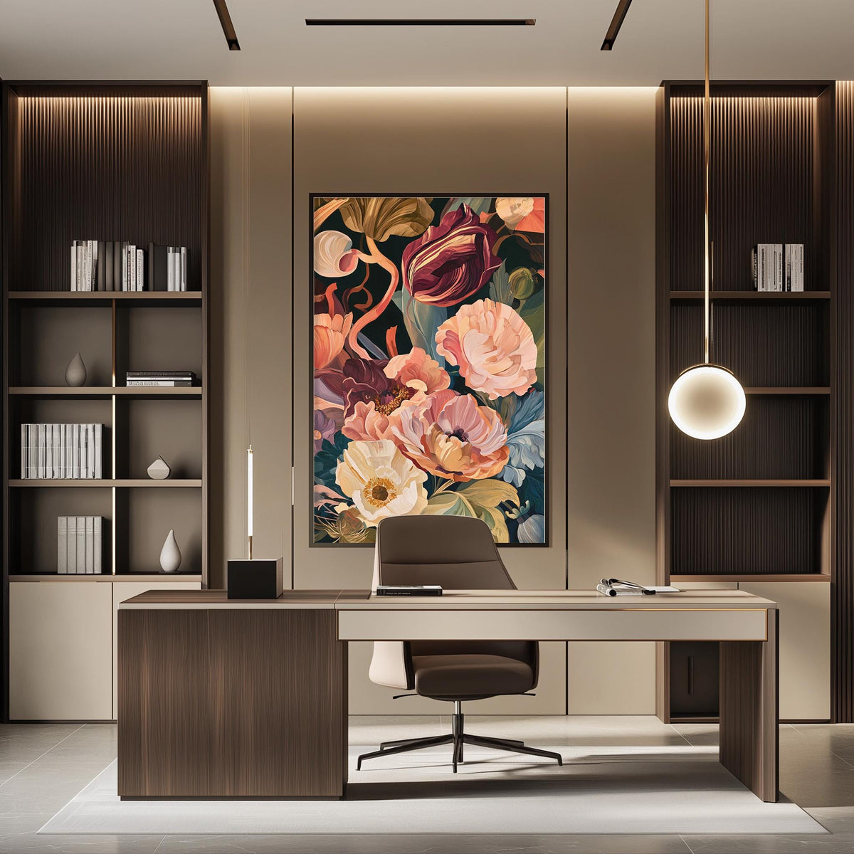 a modern and stylish home office with a large floral painting on the wall, a wooden desk, and a comfortable-looking chair.