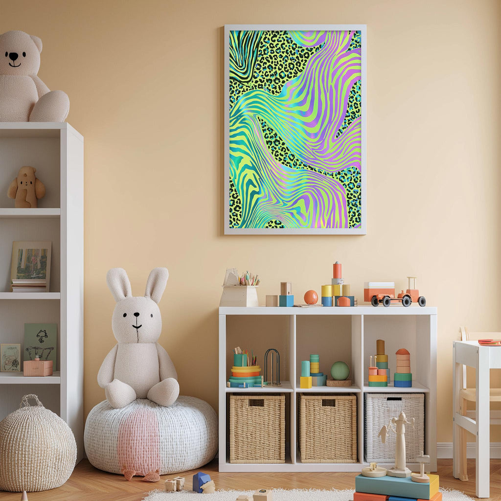 A child's bedroom with a white bookshelf, a stuffed rabbit, and a colorful abstract painting on the wall.