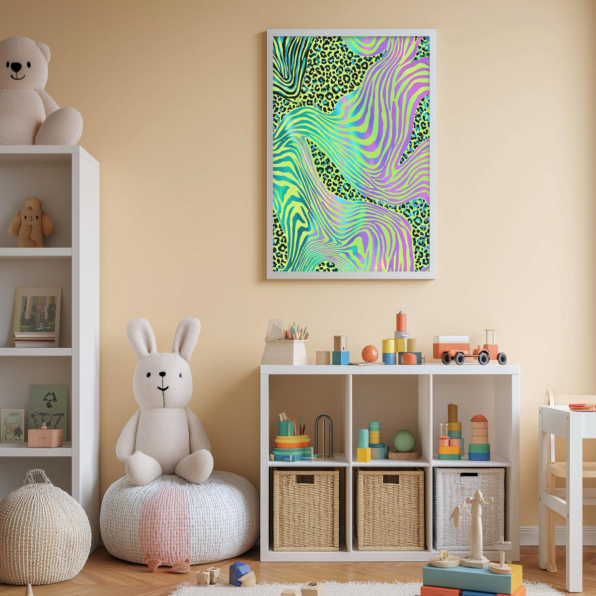 A child's bedroom with a white bookshelf, a stuffed rabbit, and a colorful abstract painting on the wall.