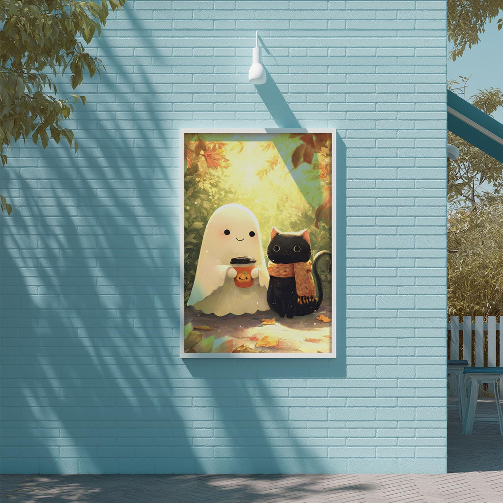 a whimsical scene of a ghost and a cat, both dressed in Halloween costumes, sitting together on a brick wall.