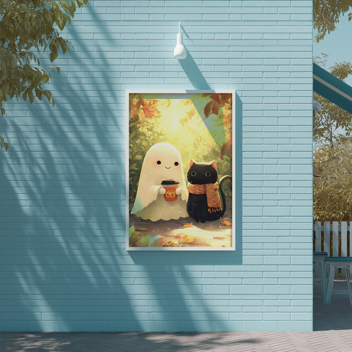 a whimsical scene of a ghost and a cat, both dressed in Halloween costumes, sitting together on a brick wall.