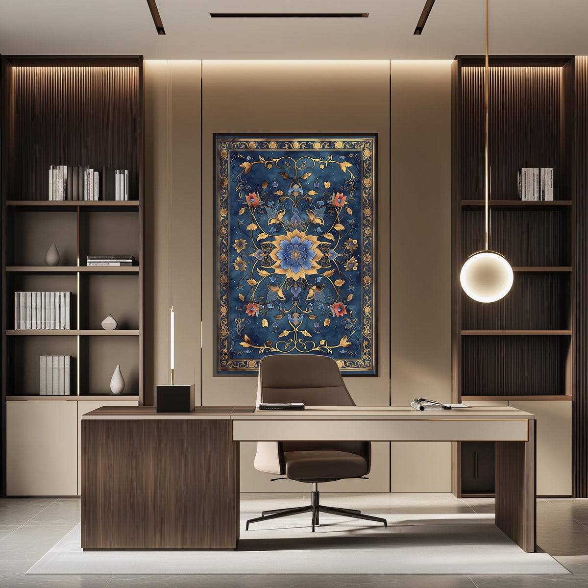 a modern and stylish office space with a large, ornate rug on the wall, a wooden desk with a chair, and built-in bookshelves.