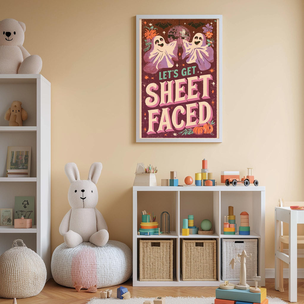 A child's bedroom with a white bookshelf, a stuffed rabbit, and a colorful poster on the wall. The poster features a playful message about sheet-faced ghostly figures.
