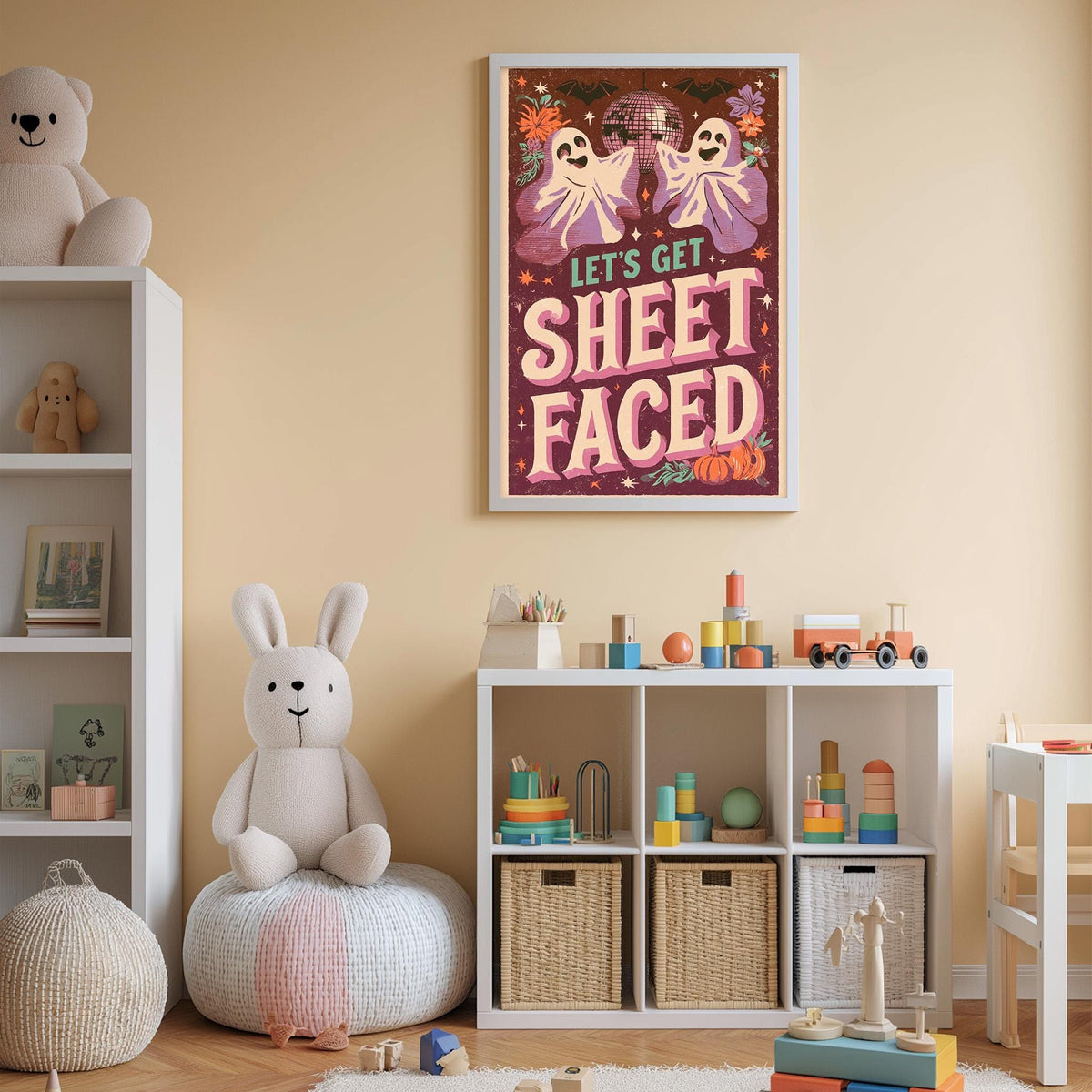 A child's bedroom with a white bookshelf, a stuffed rabbit, and a colorful poster on the wall. The poster features a playful message about sheet-faced ghostly figures.