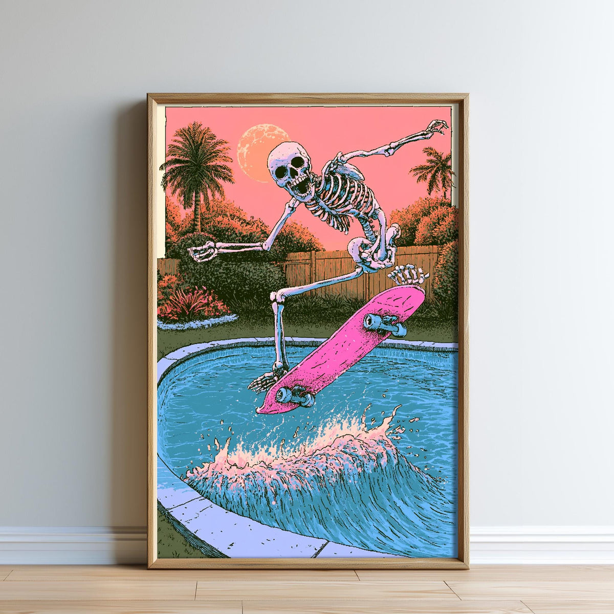 A skeleton skateboarder is performing a trick on a pink skateboard, jumping over a wave in a pool against a colorful sunset backdrop.