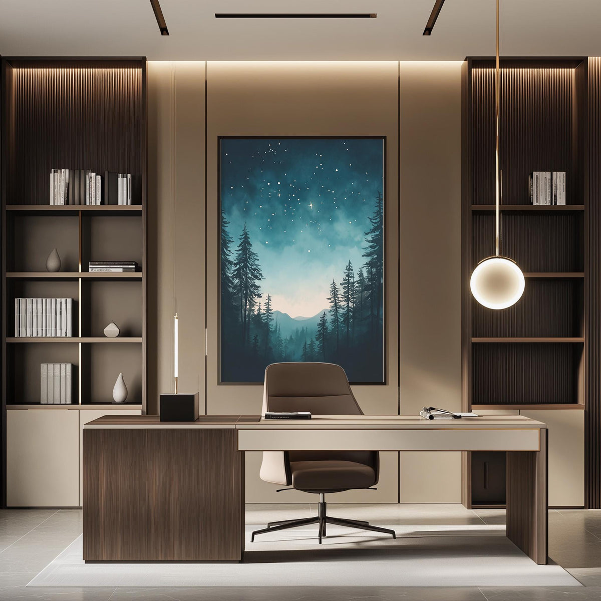 a modern and well-lit office space with a large framed landscape painting on the wall, a wooden desk with a chair, and built-in bookshelves.
