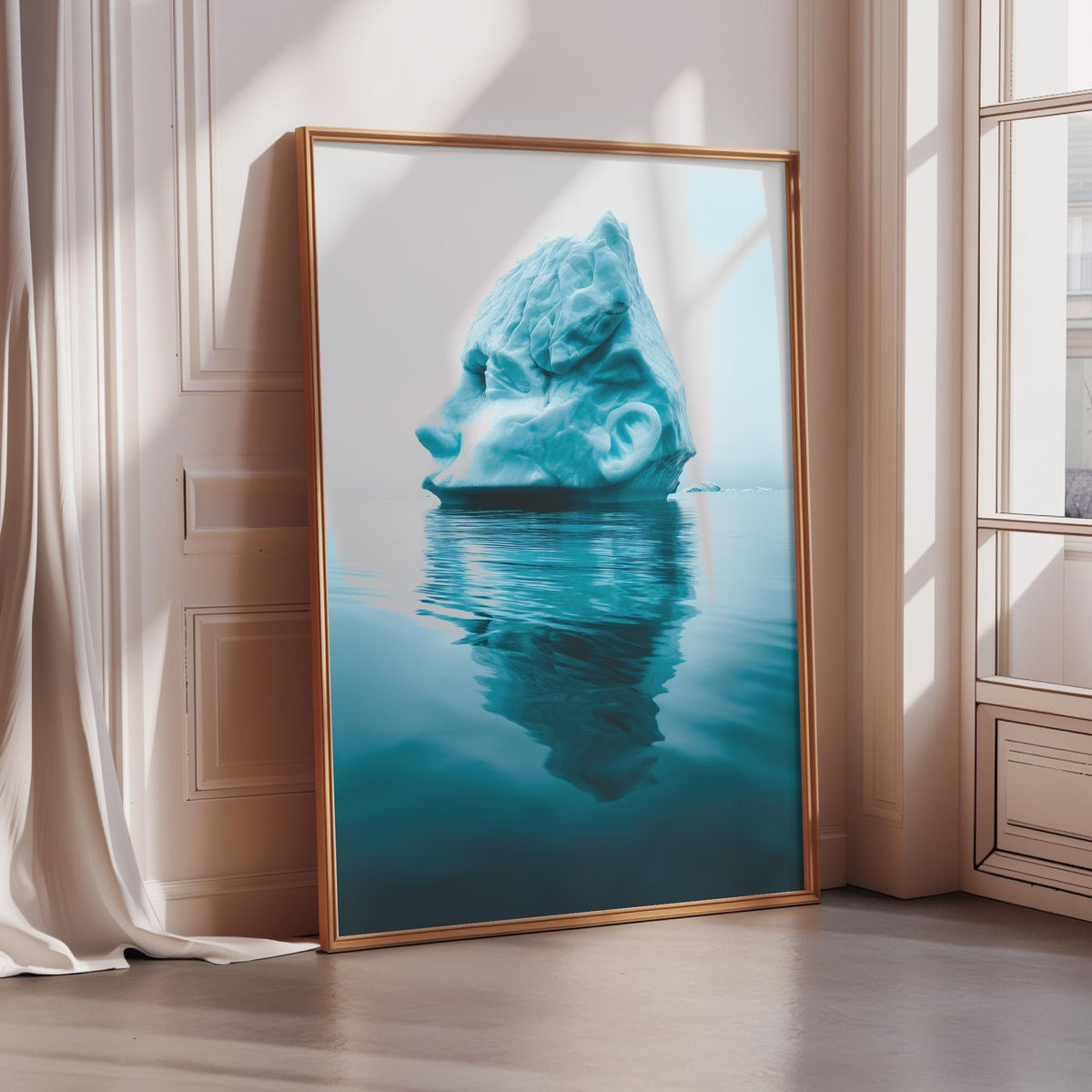 a large, framed picture of a human head submerged in water, creating a surreal and dreamlike scene.
