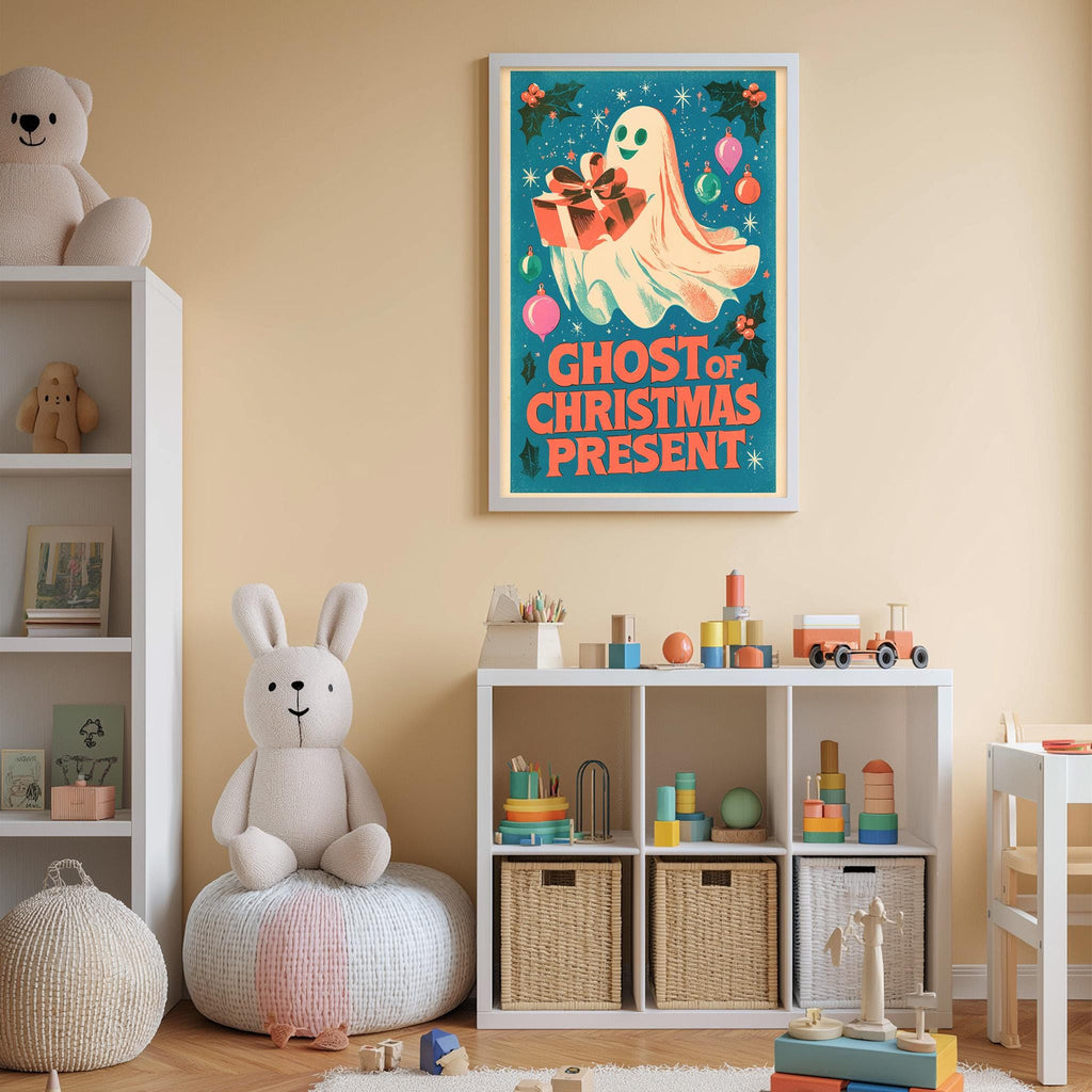 a child's bedroom with a white bookshelf, a stuffed rabbit, and a colorful poster of a ghost on the wall.
