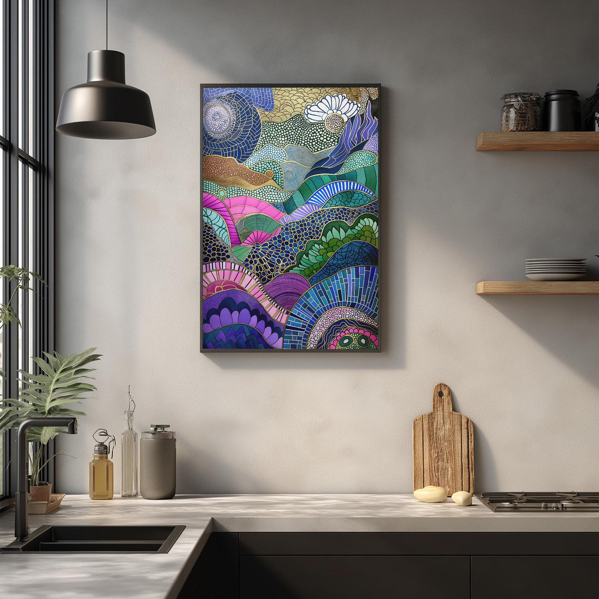 a vibrant, abstract painting hanging on a wall above a kitchen counter. The painting is a colorful depiction of nature, with various shades of green, blue, purple, and orange. The kitchen counter below the painting has a cutting board, a bottle, and a vase, suggesting a well-equipped and functional space.