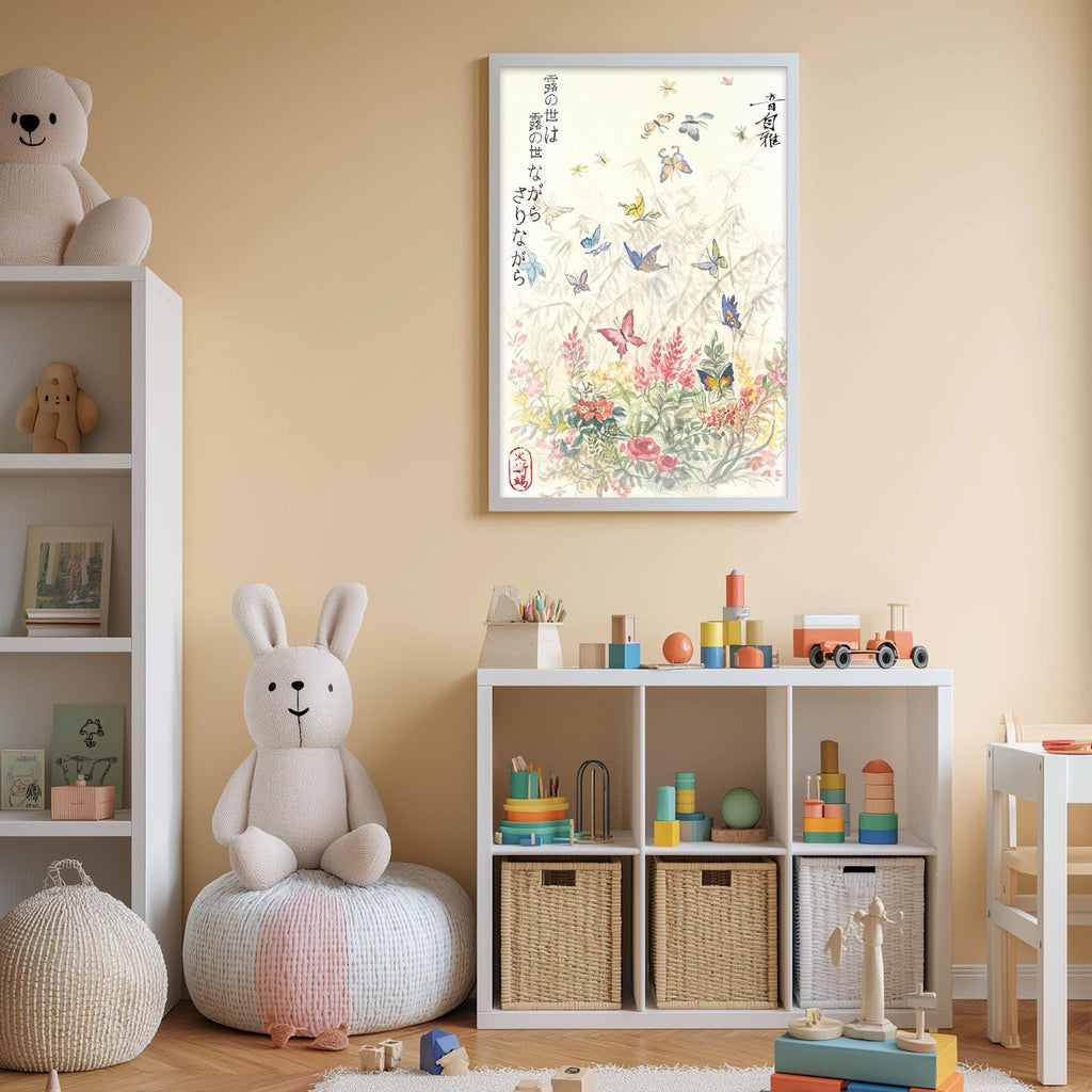 A cozy children's room with a white bookshelf, a plush rabbit, and a colorful toy box filled with toys. A framed poster of a butterfly garden hangs on the wall, and a small table with a toy train is also present in the room.