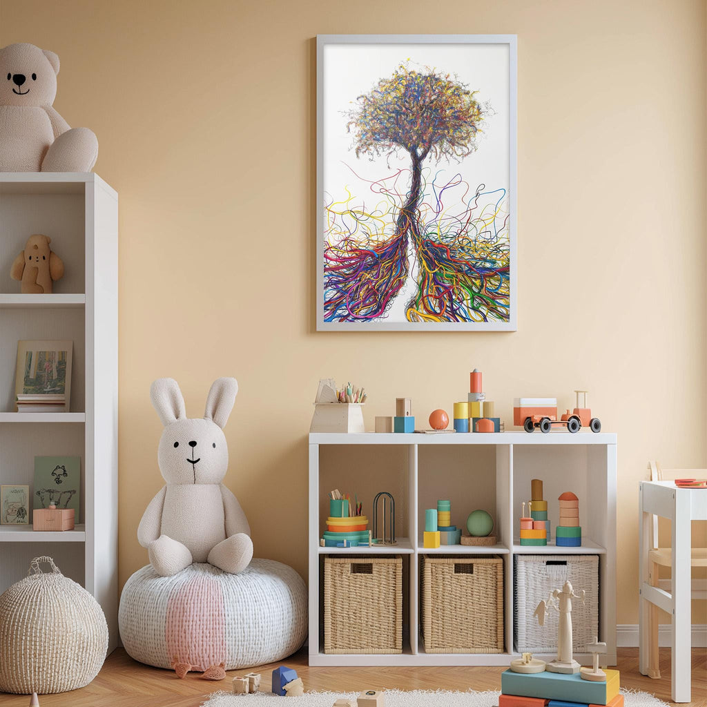 A child's bedroom with a large tree-themed painting on the wall, a white bookshelf filled with toys, and a bean bag chair.