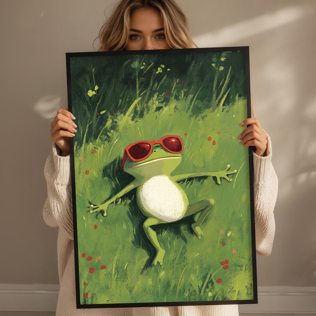 A woman is holding up a framed painting of a frog wearing sunglasses, which is set against a grassy background with flowers.