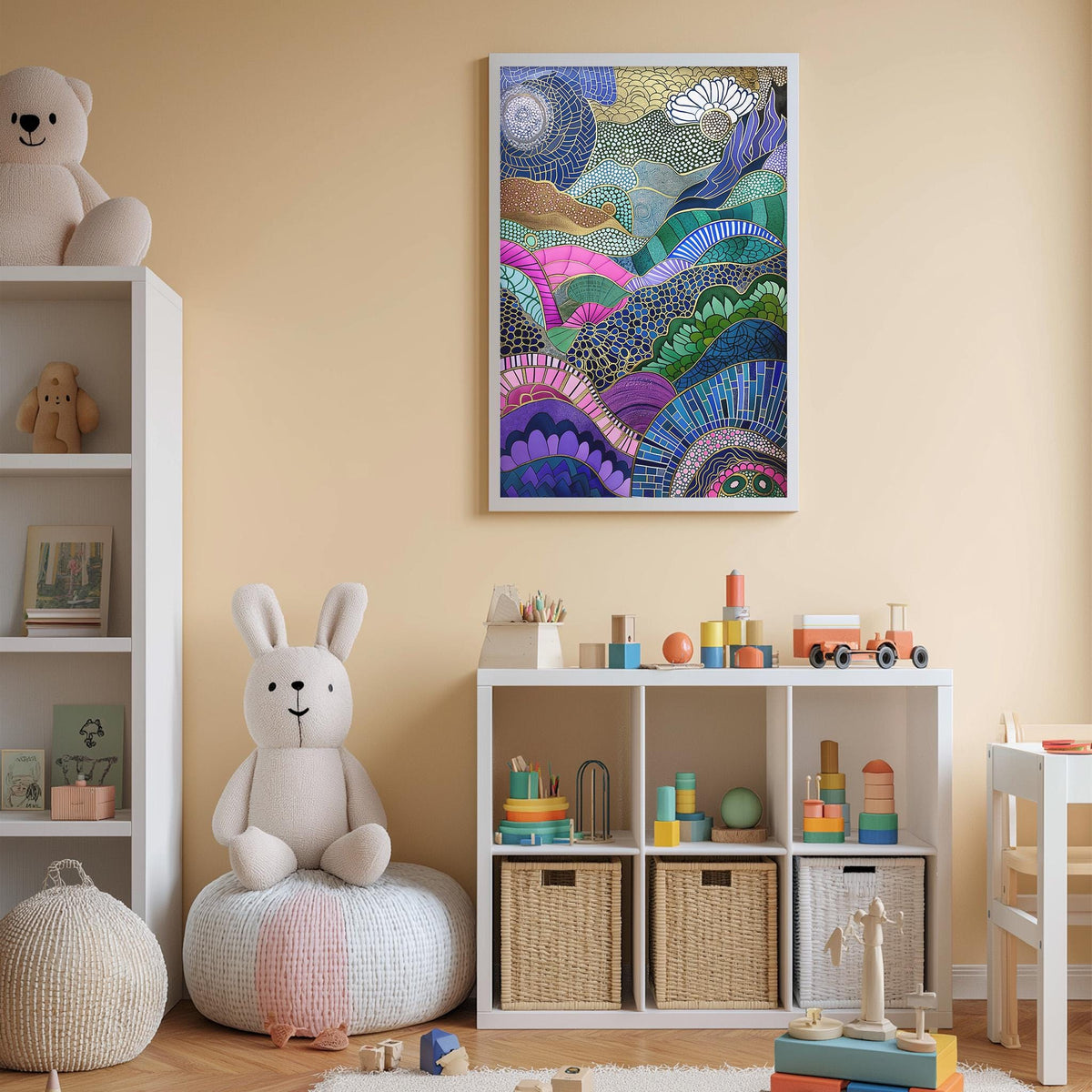 A child's bedroom with a large, colorful abstract painting hanging on the wall, a white bookshelf filled with toys, and a stuffed rabbit sitting on a bean bag chair.