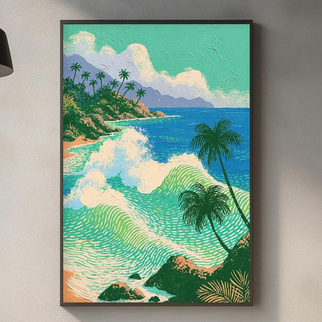 a kitchen counter with a framed painting of a tropical beach scene hanging above it. The painting depicts a beach with palm trees, a blue sky, and a crashing wave. The kitchen counter has various items on it, including a cutting board, a bottle, and a bowl.