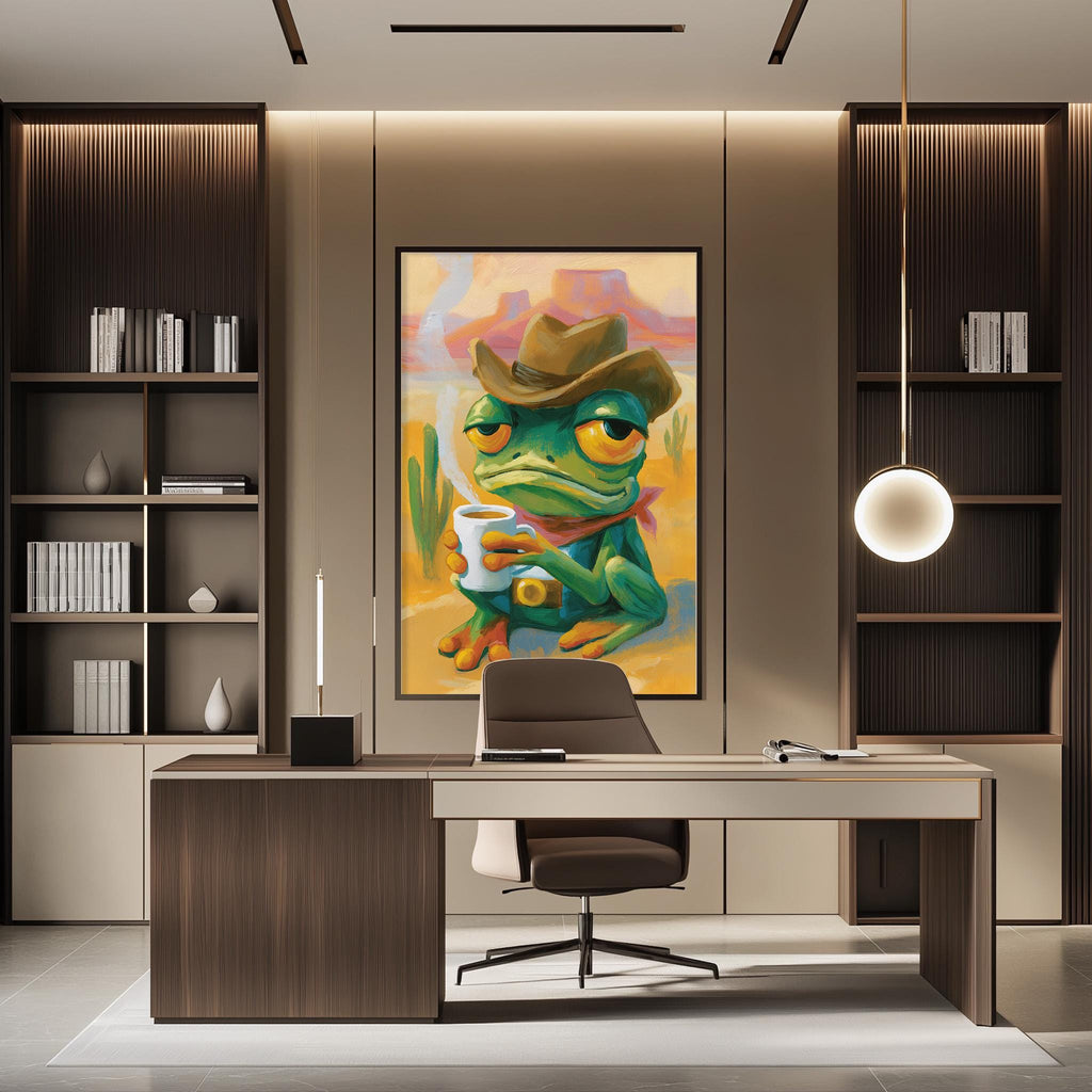 a modern office space with a large painting of a frog wearing a cowboy hat as the focal point. The office has a wooden desk, a chair, and a bookshelf filled with books. The overall design and decor create a stylish and comfortable workspace.