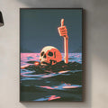 a skull submerged in water, with a hand giving a thumbs up gesture above it.
