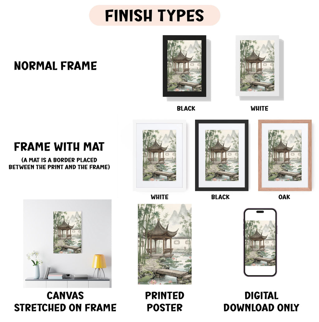 various finish types for artwork, including a normal frame, a frame with a mat, a white frame, a black frame, an oak frame, a white canvas stretched on a frame, a printed poster, and a digital download only.