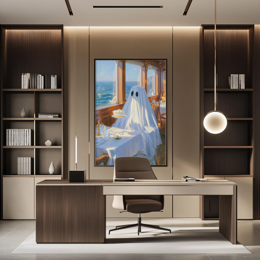 a modern office space with a large framed artwork of a ghost on the wall, a desk with a chair, and a bookshelf filled with books.