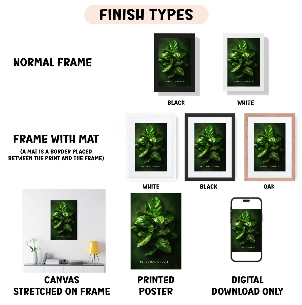 various types of artwork, including a canvas stretched on a frame, a framed poster, and a digital poster. The artwork features a close-up of green leaves, and the text indicates that the artwork is a "FINISH TYPES" display.