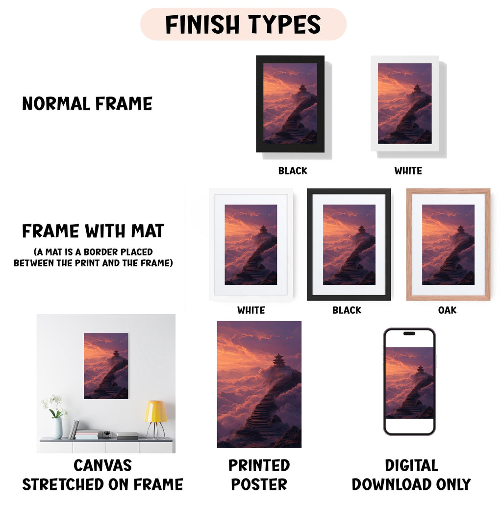 various types of artwork, including a normal frame, a frame with a mat, a white frame, a black frame, an oak frame, a white canvas stretched on a frame, a black canvas stretched on a frame, a white poster, and a digital download only.