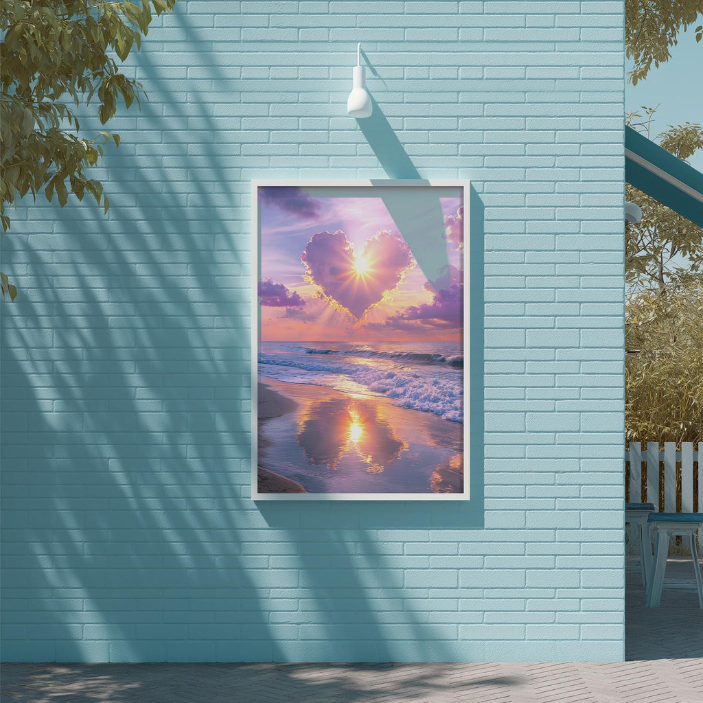 A framed image of a sunset over the ocean, with a heart-shaped cloud formation in the sky, is displayed on a light blue brick wall.
