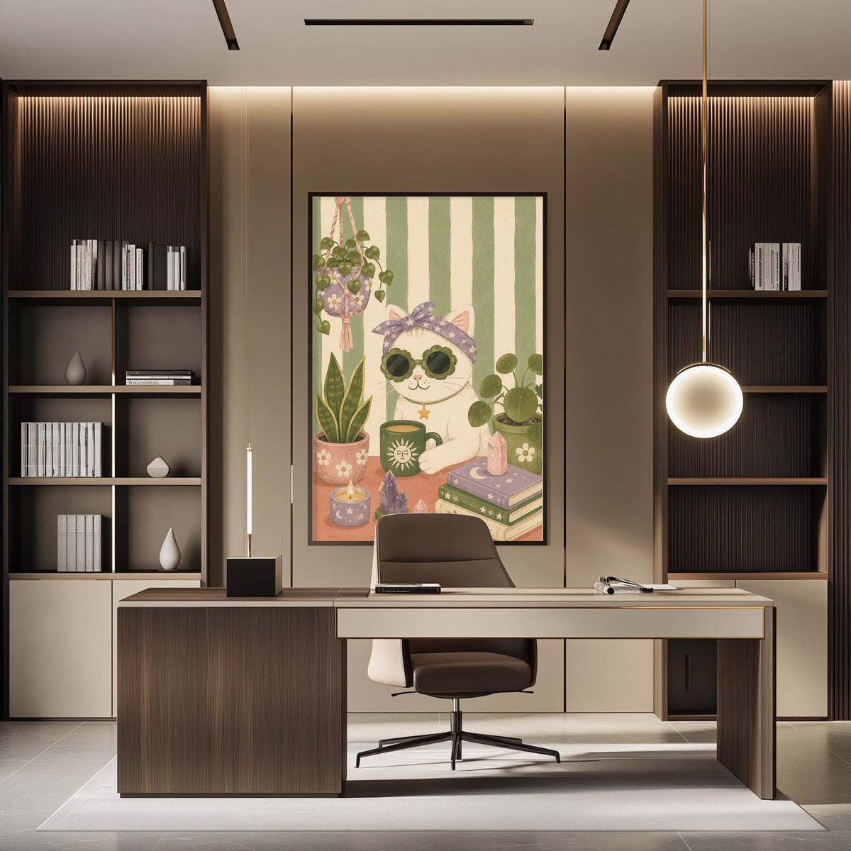 a modern and stylish home office with a large framed picture of a cat wearing sunglasses on the wall. The office features a wooden desk, a comfortable chair, and a bookshelf filled with books and decorative items.
