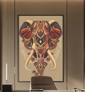 a modern and stylish office space with a large, colorful elephant-themed artwork on the wall. The office features a wooden desk, a comfortable-looking chair, and a bookshelf filled with books. The overall design and decor create a sophisticated and visually appealing workspace.