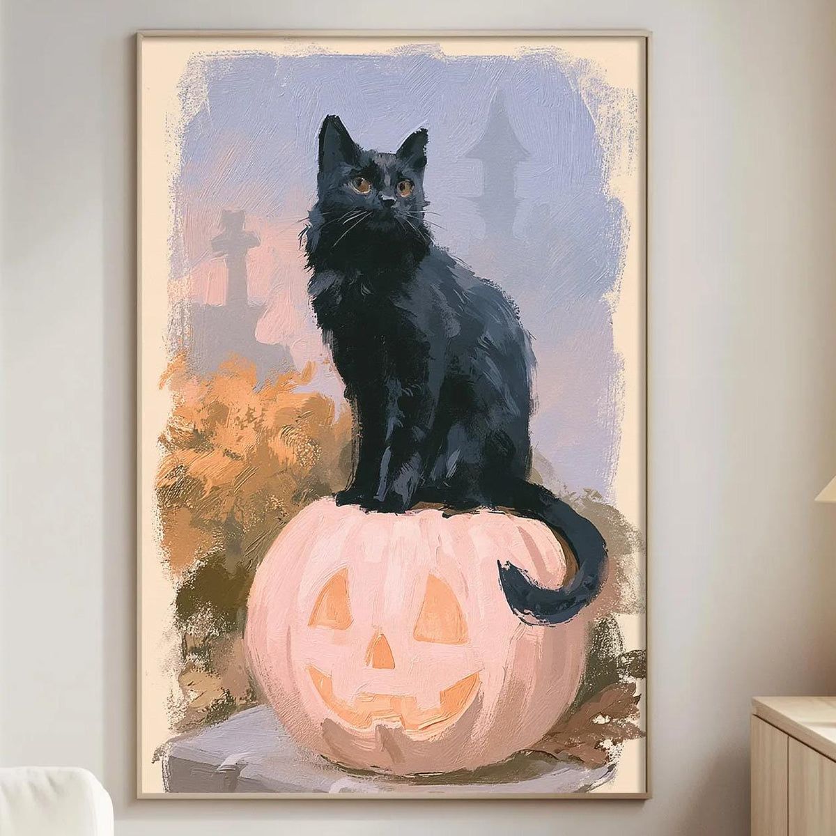 A black cat is sitting on a pumpkin in a cozy living room, with a lamp and a bookshelf visible in the background.