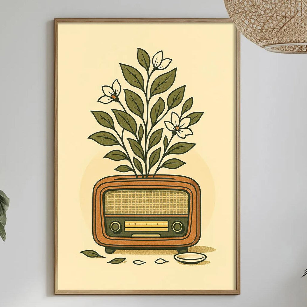 a framed illustration of a radio plant on a wall, with a dining table and chairs in the foreground.