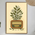 a framed illustration of a radio plant on a wall, with a dining table and chairs in the foreground.