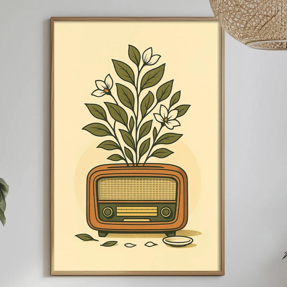 a framed illustration of a radio plant on a wall, with a dining table and chairs in the foreground.