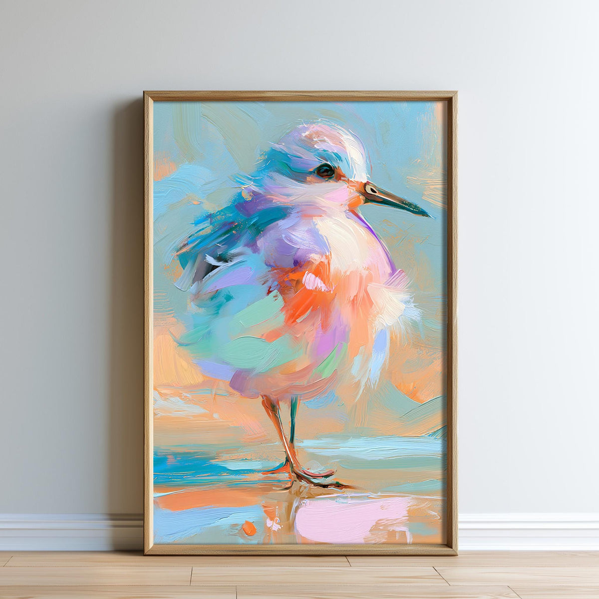 The image is a framed painting of a colorful bird, likely a parrot, standing on one leg against a vibrant background.