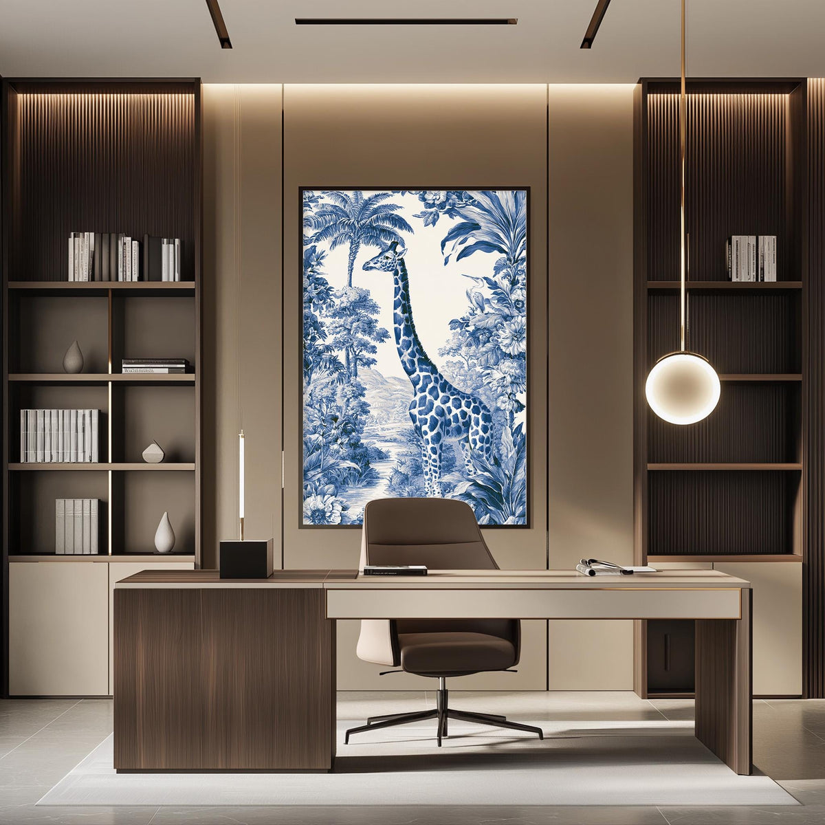 a modern and stylish office space with a large blue and white giraffe painting on the wall, a wooden desk with a chair, and built-in bookshelves.