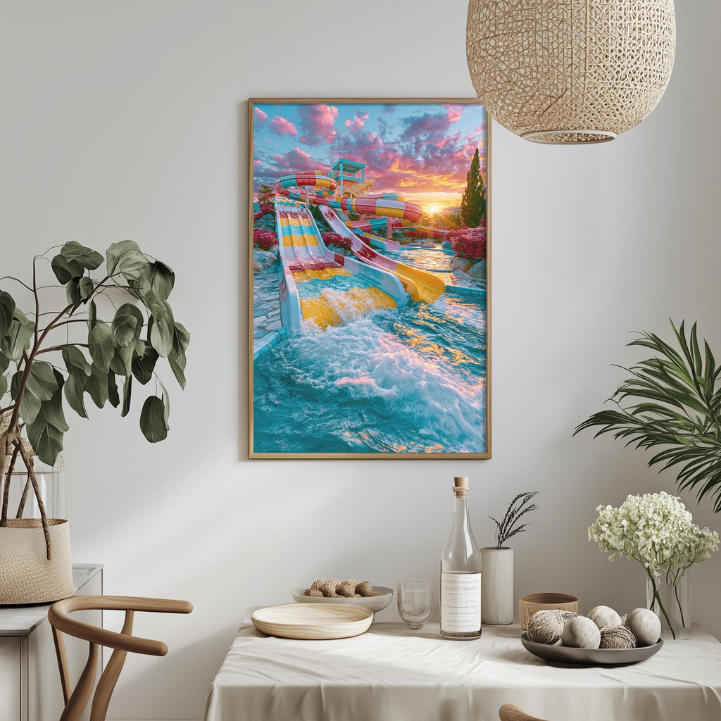 a vibrant and colorful painting of a water slide, hanging on a wall above a dining table with various decorative items and plants.