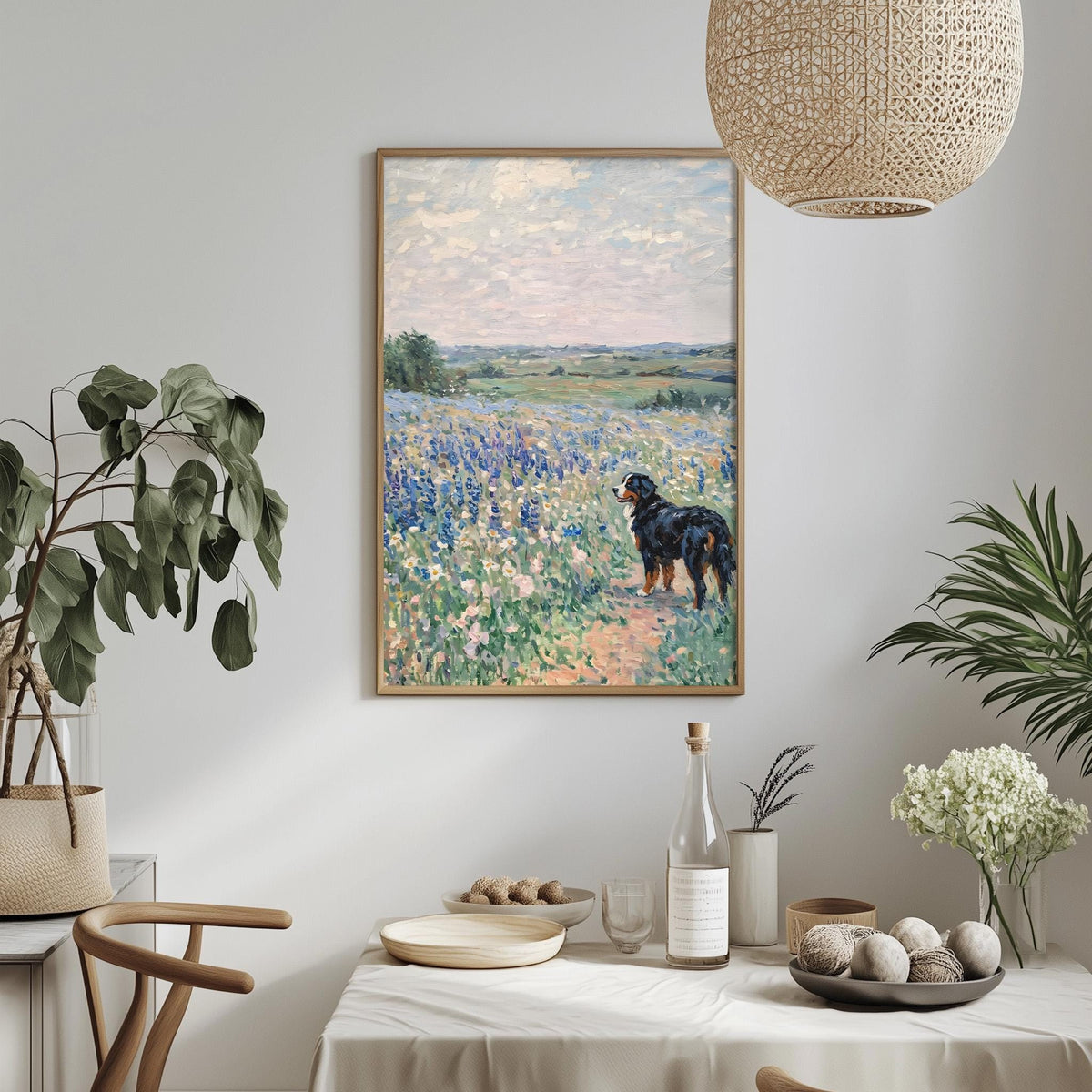 a framed painting of a dog standing in a field of flowers, with a dining table and chairs in the foreground.