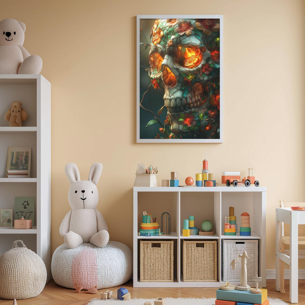 a child's bedroom with a large skull-themed artwork hanging on the wall, surrounded by various toys and storage bins.