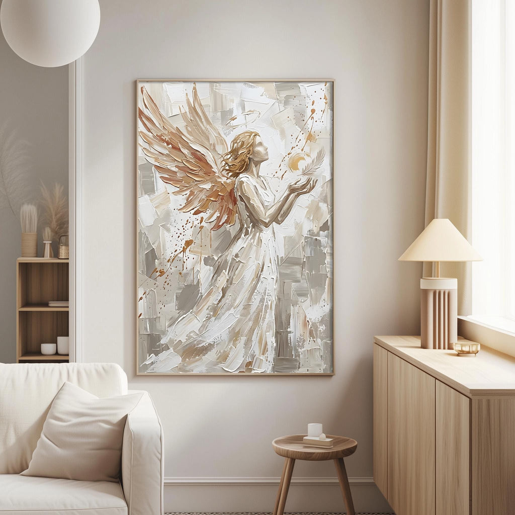 a large painting of an angel with outstretched wings, hanging on a wall in a living room.