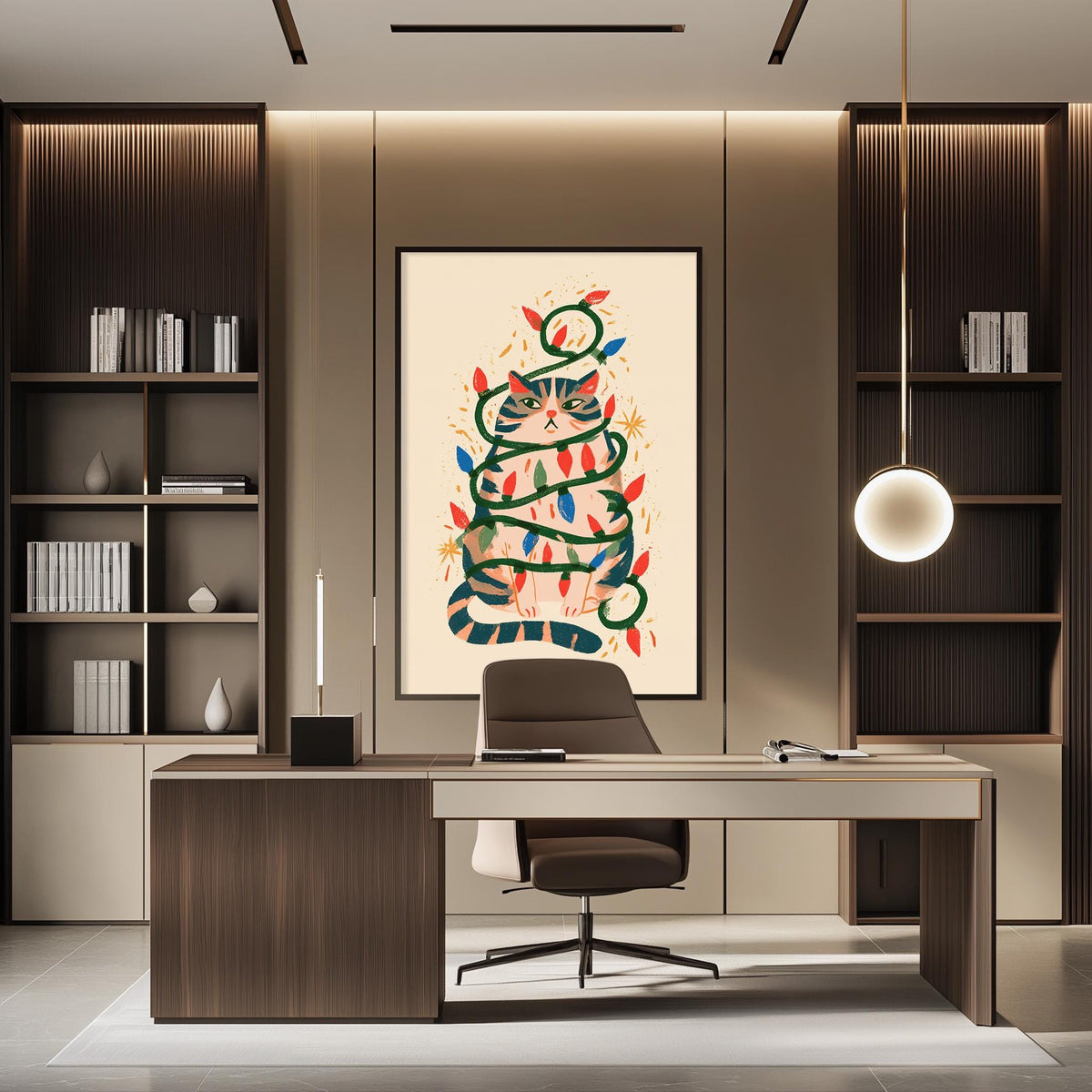 a modern and stylish office space with a large abstract painting of a cat on the wall, a wooden desk with a chair, and built-in bookshelves.