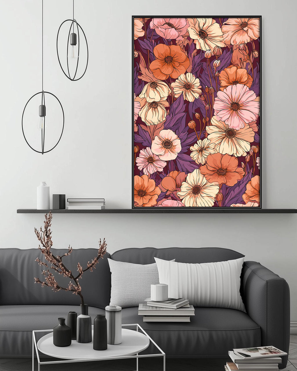 a living room with a gray sofa, a coffee table, and a large floral print hanging on the wall above the sofa.