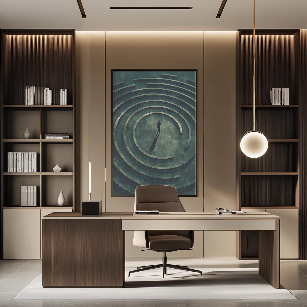 a modern and minimalist office space with a large abstract painting on the wall, a wooden desk with a chair, and built-in bookshelves.