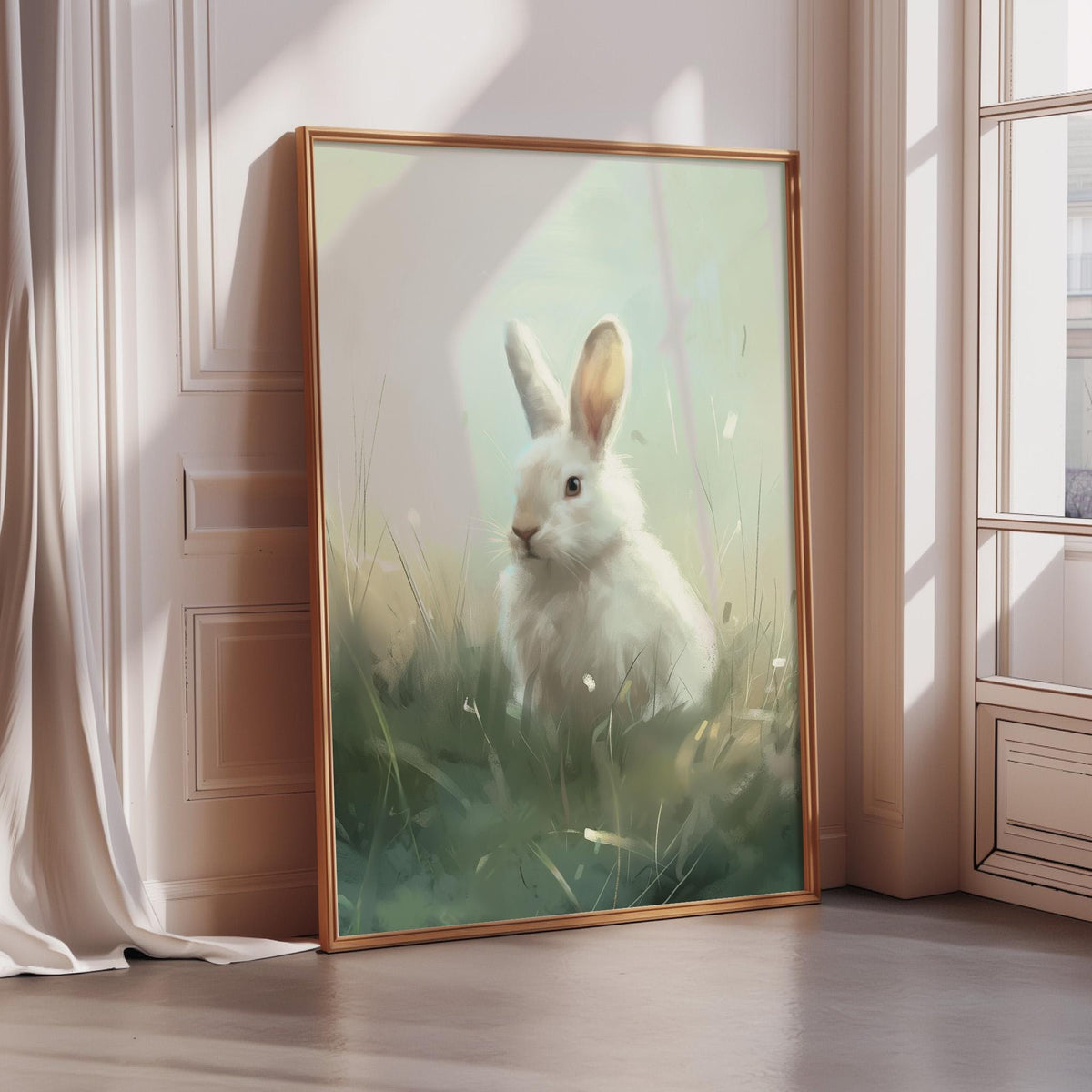 A framed painting of a white rabbit sitting in a grassy field.