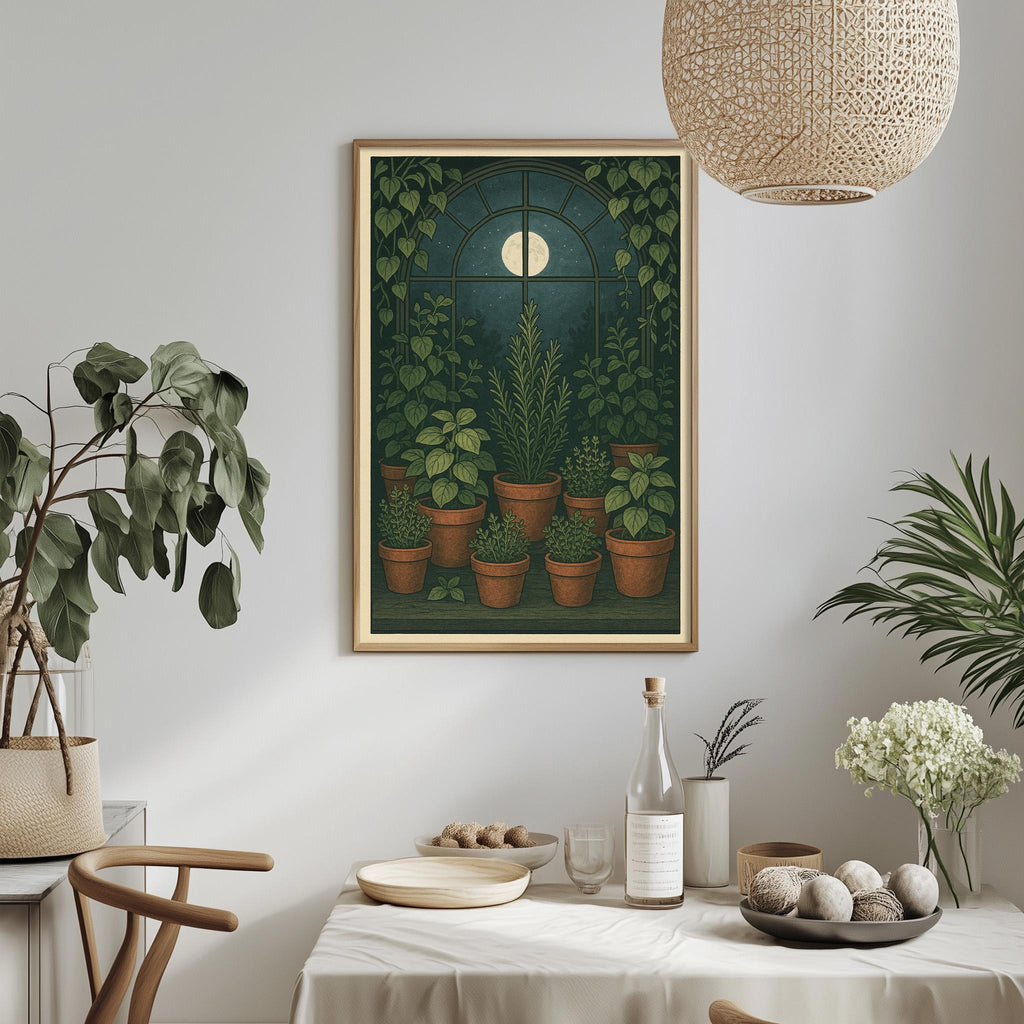 a dining table with a white tablecloth, surrounded by chairs. On the table, there are various items such as a bottle, a bowl, and a vase with flowers. Above the table, there is a framed painting depicting a green plant in a pot, with a full moon visible through the window.