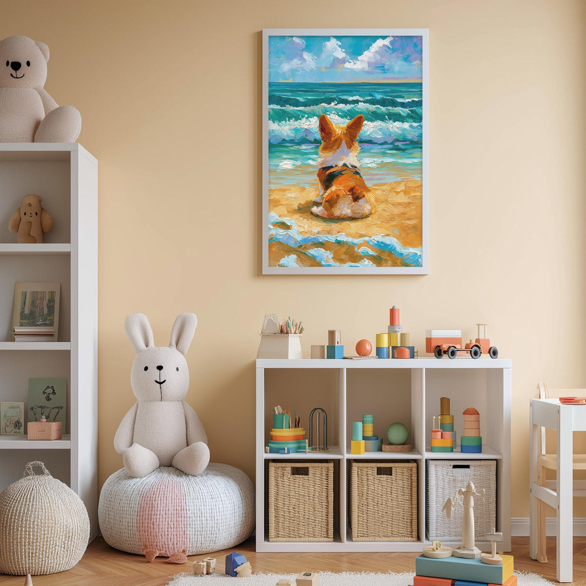 a child's bedroom with a large painting of a dog on the wall, a stuffed rabbit, a toy shelf, and a toy chest.