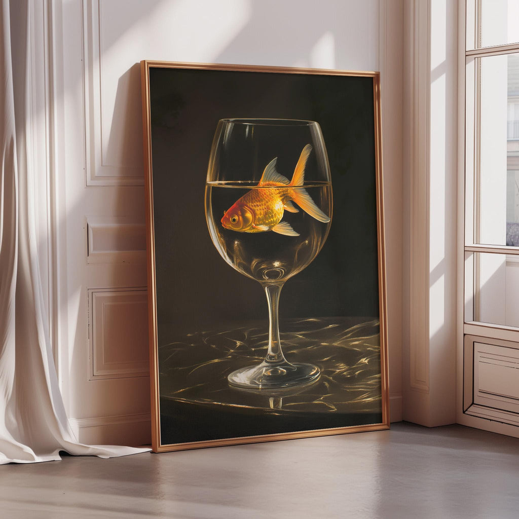 A goldfish swimming in a wine glass, set against a dark background, creating a striking and artistic composition.