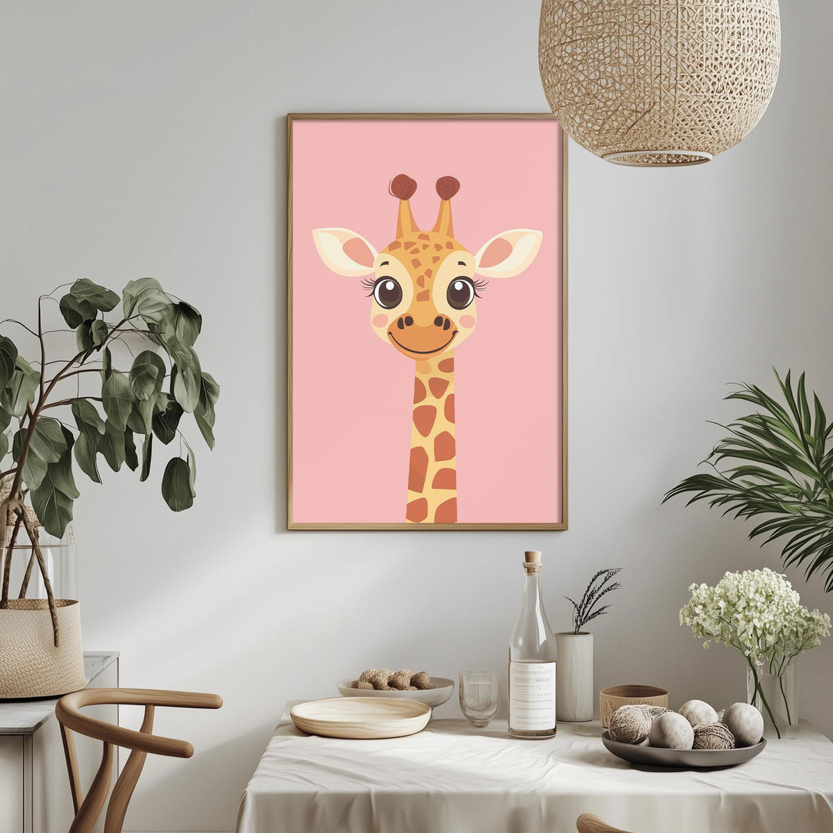 a giraffe-themed artwork hanging on a wall above a dining table with various decorative items and plants.